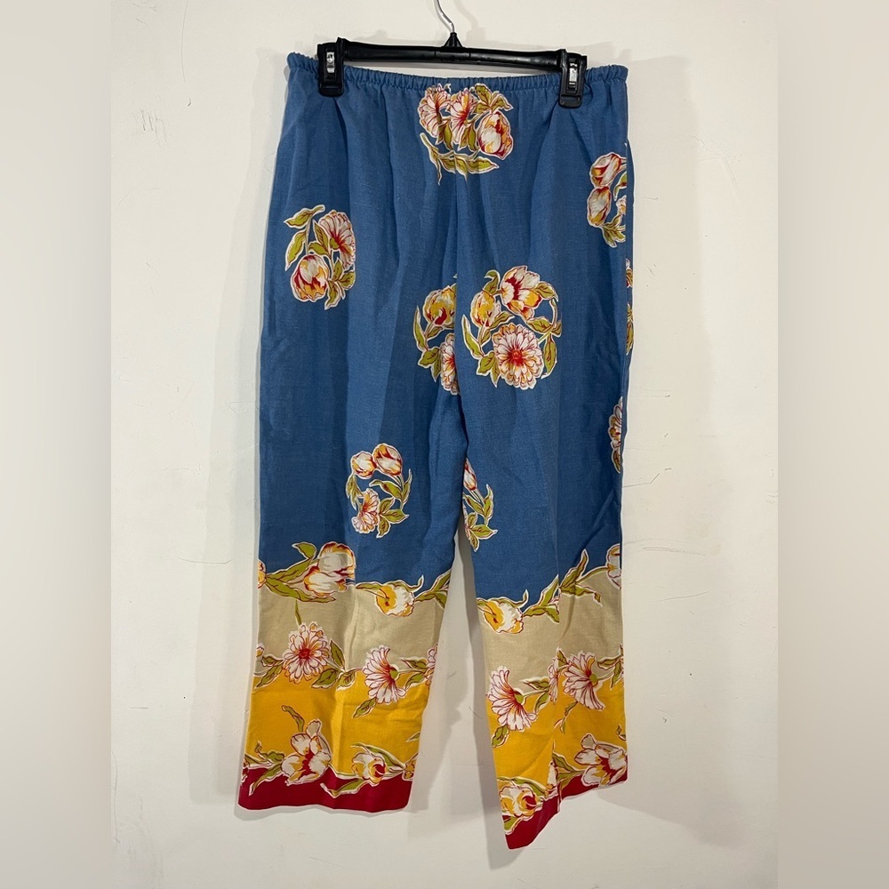 Ruby Rd Floral Linen Blend Wide Leg Pants Blue Yellow Boho Resort Size 10 - Picture 4 of 8